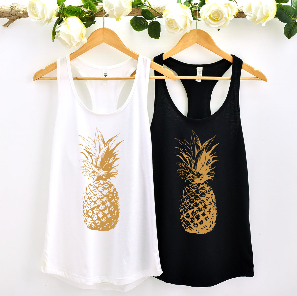 Gold Pineapple Beach Bum Aesthetic Shirt | White and Black Racerback Tank Tops
