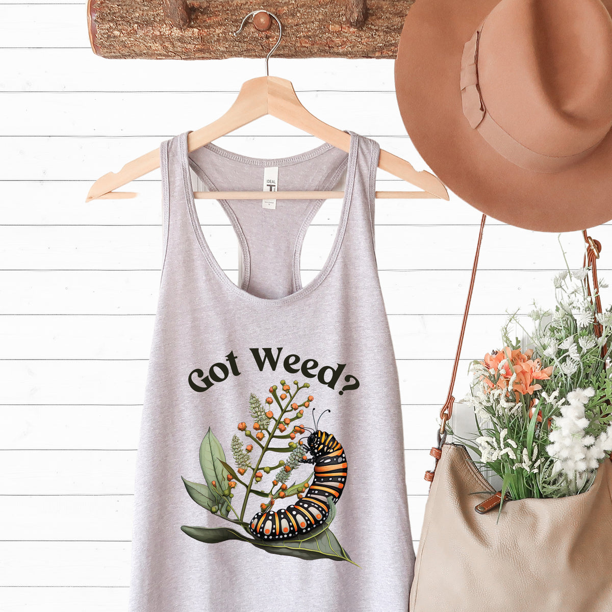 Got Weed Funny Caterpillar Tshirt | Monarch Butterfly Summer Shirt | Milkweed Nature Shirt | Nature Lover Gift | Women's Slim-fit Racerback Tank Top
