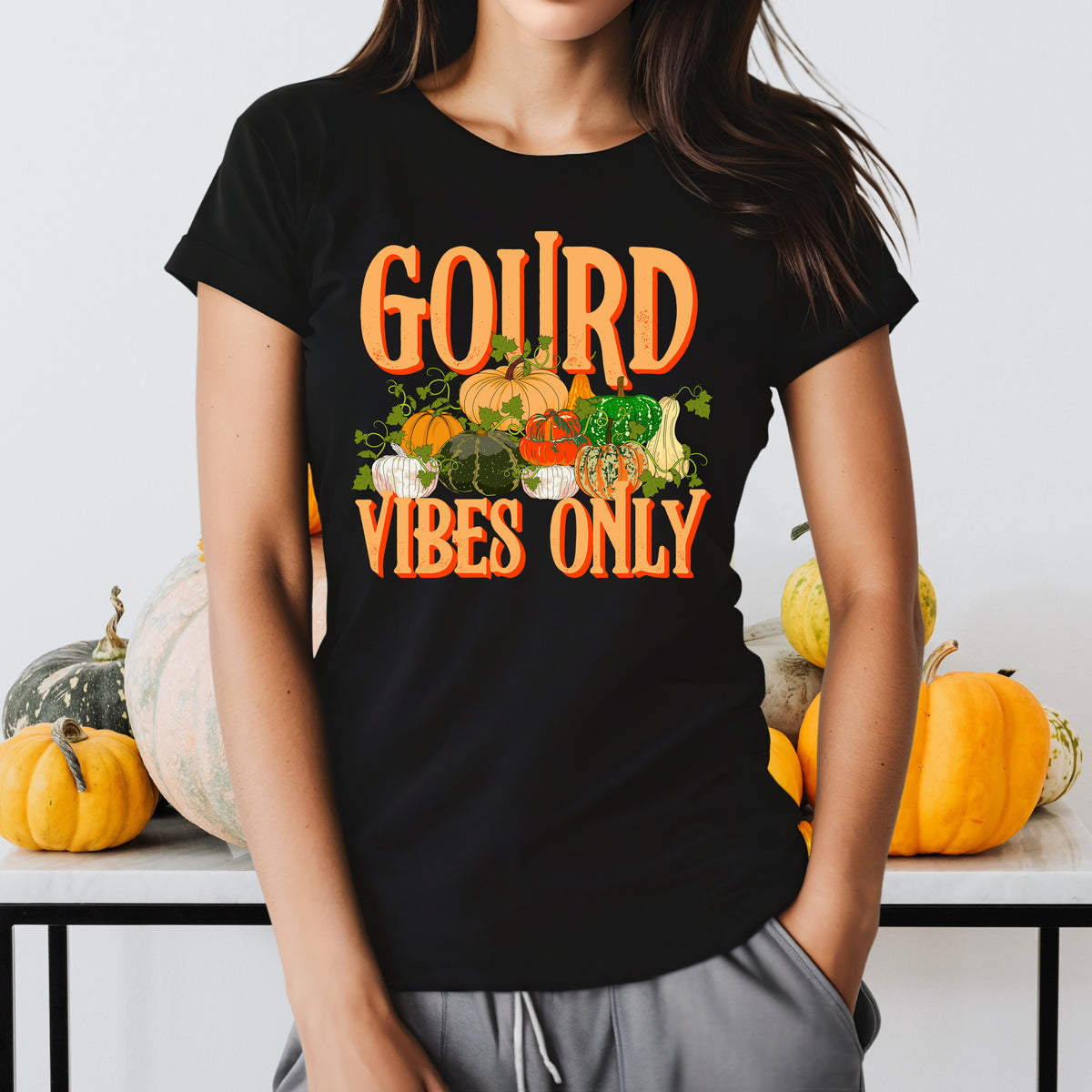 Gourd Vibes Only Fall Vibes Pumpkin Shirt | Women's Black Slim-fit Tshirt