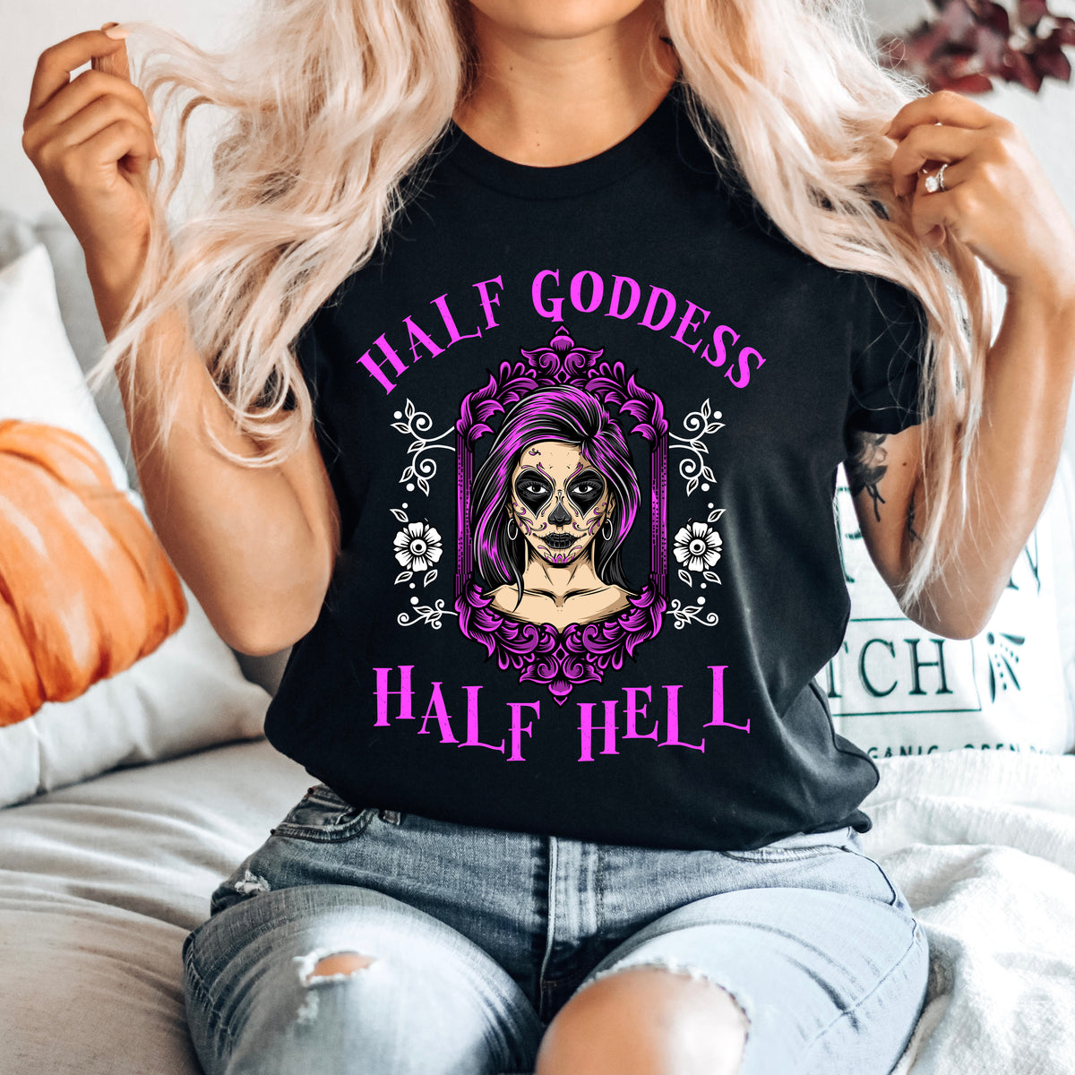 Half Goddess Half Hell Halloween Witch Shirt  | Black Tshirt