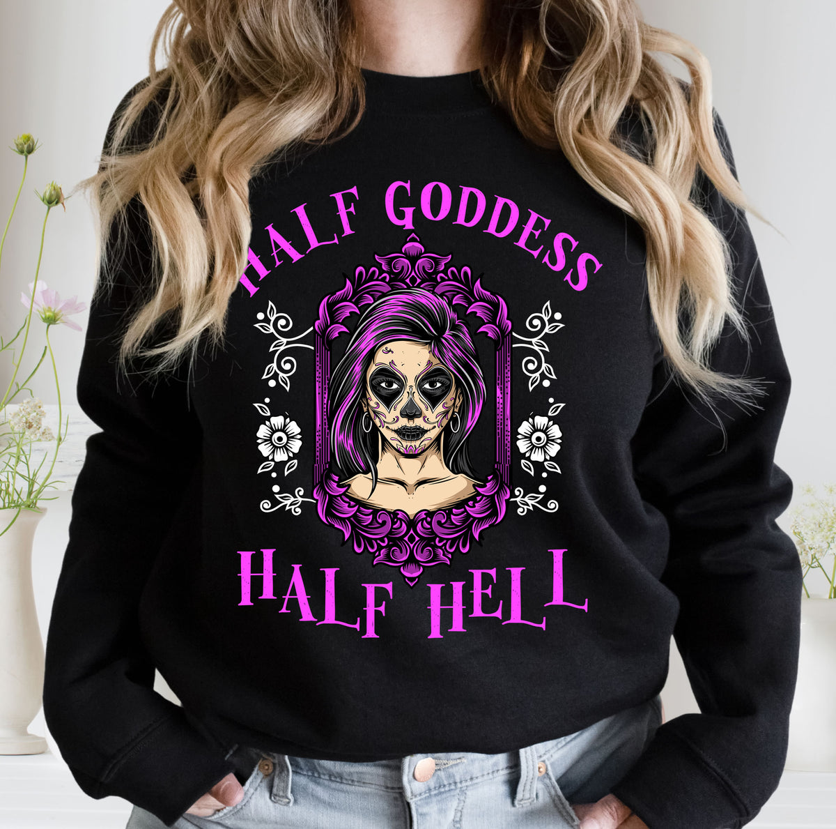 Half Goddess Half Hell Halloween Witch Shirt | Black Sweatshirt