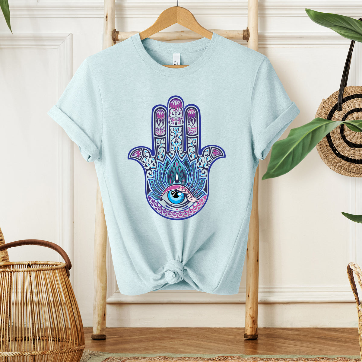 Hand of Fatima Evil Eye Muslim Hamsa Shirt } Heather Ice Blue Unisex T-shirt