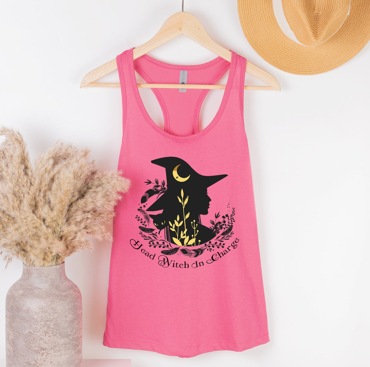 Head Witch In Charge Halloween Witch Shirt  | Pink Racerback Tank Top