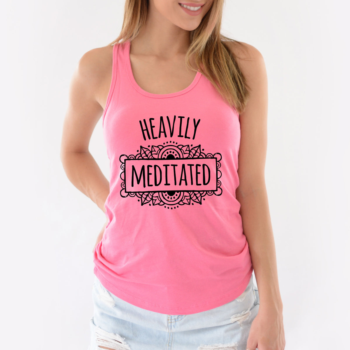 Heavily Meditated Funny Yoga Lover Shirt | Meditation Gift | Pink Women's Racerback Tank Top
