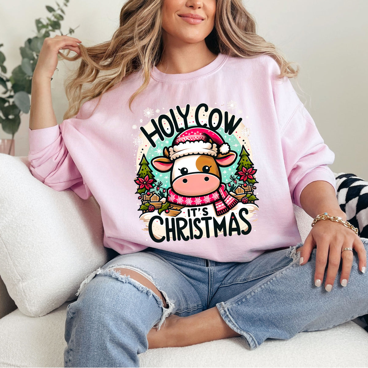 Holy Cow It's Christmas Sweatshirt | Light Pink Sweatshirt