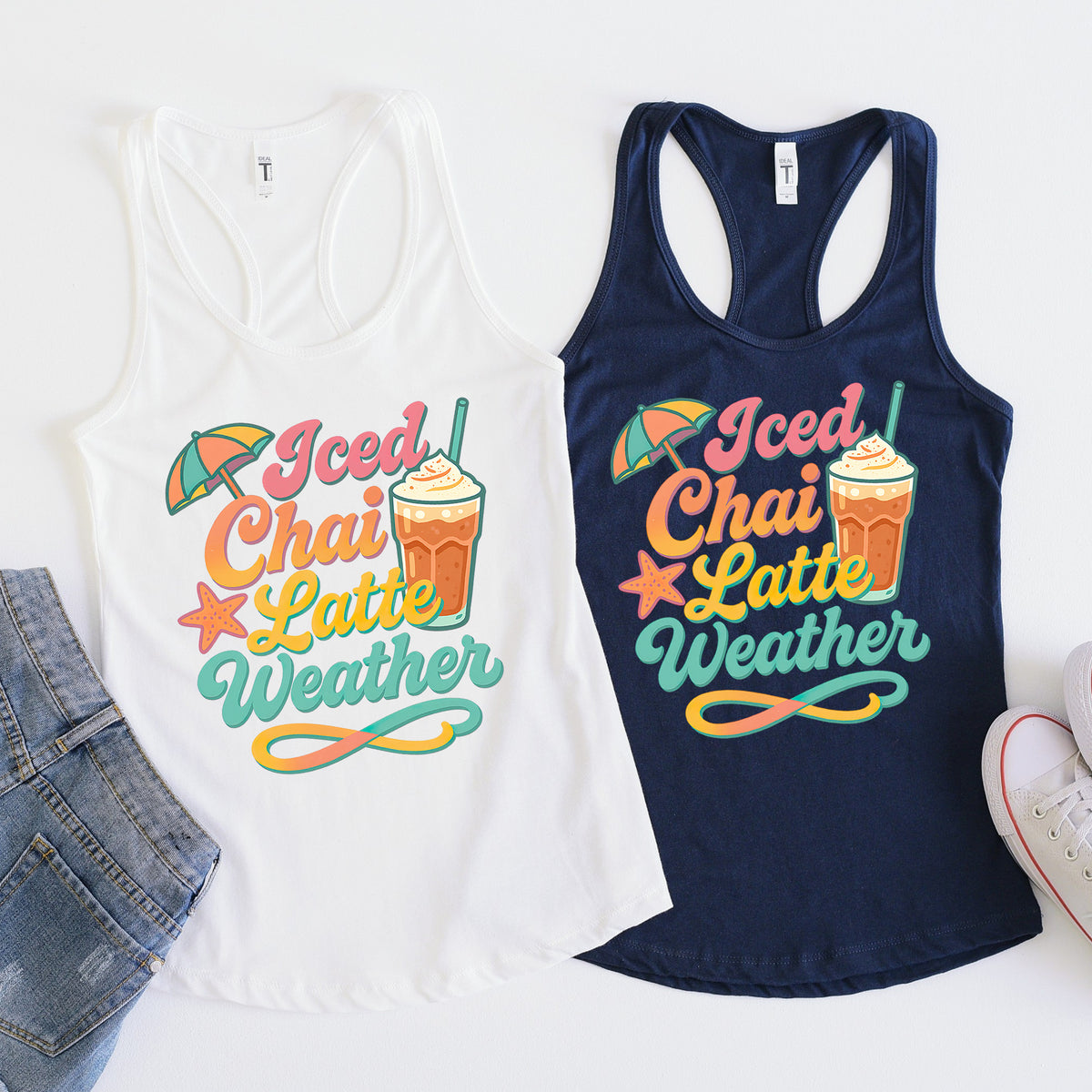 Iced Chai Latte Weather Chai Tea Shirt | white and navy racerback tank top