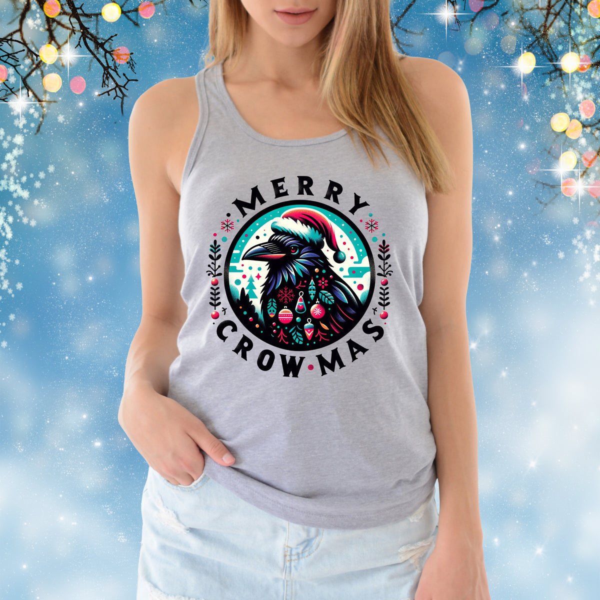 Merry Crow-mas Crow Christmas Shirt | Athletic Heather Racerback Tank Top
