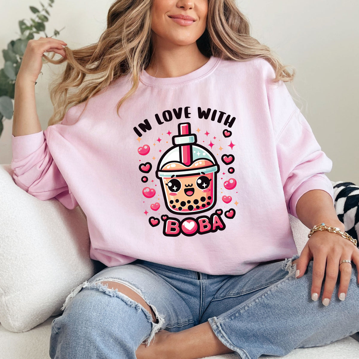 In Love With Boba Tea Lover Kawaii Shirt  | Pink Sweatshirt
