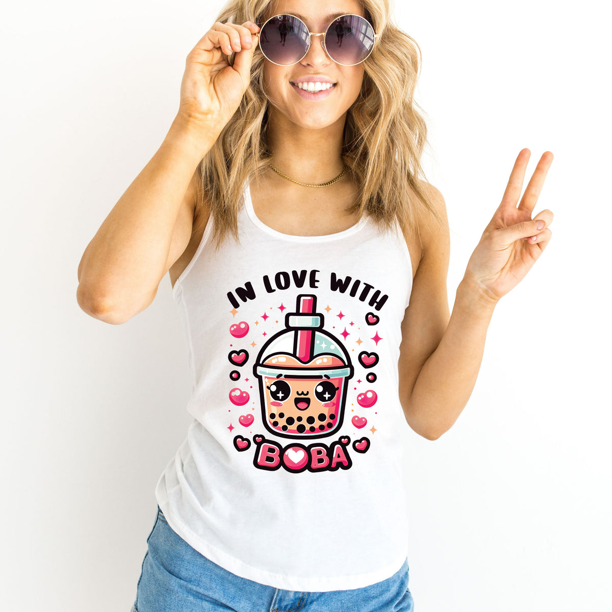 In Love With Boba Tea Lover Kawaii Shirt | White Racerback Tank Top