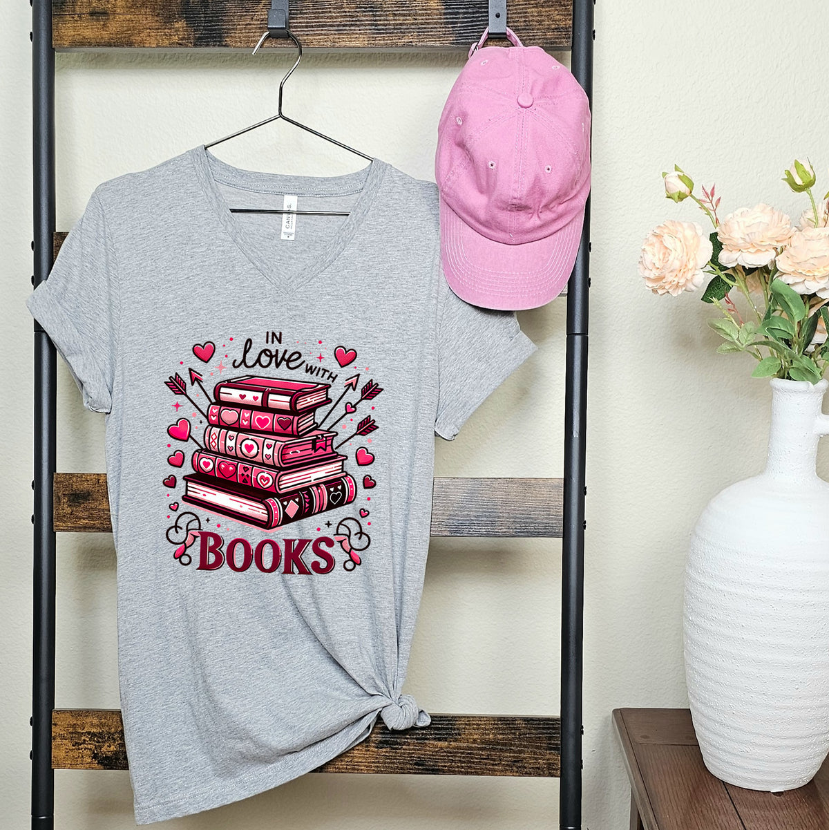 In Love With Books Valentines Shirt | Athletic Heather V-neck T-shirt