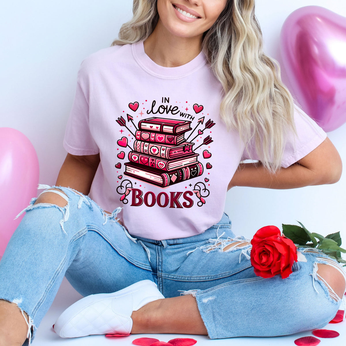 In Love With Books Valentines Shirt | Blossom Pink T-shirt