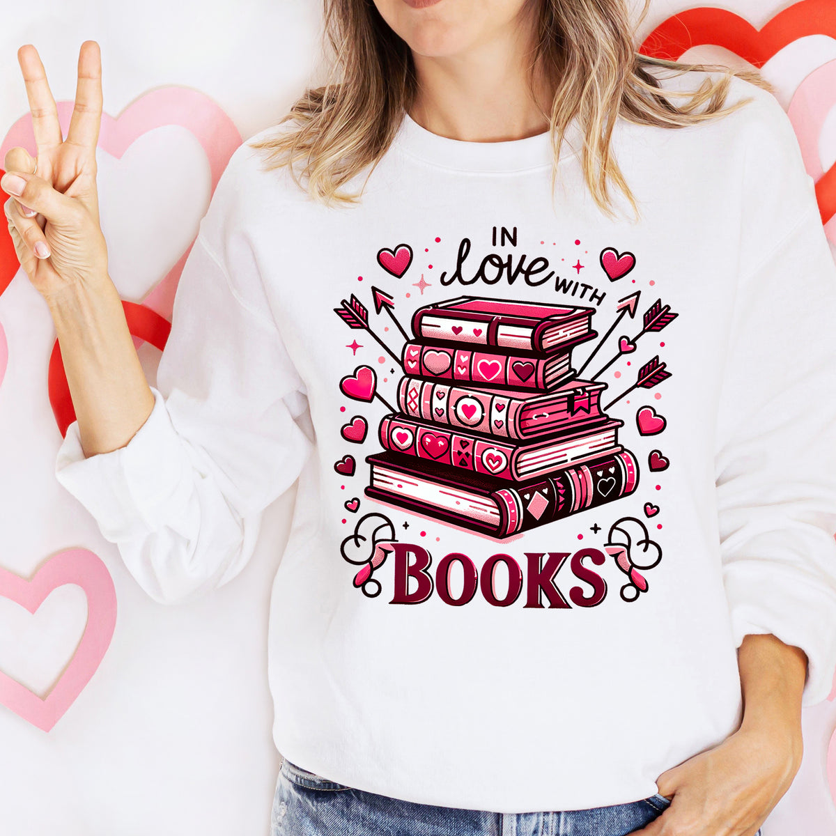 In Love With Books Valentines Sweatshirt | White Crewneck Sweatshirt
