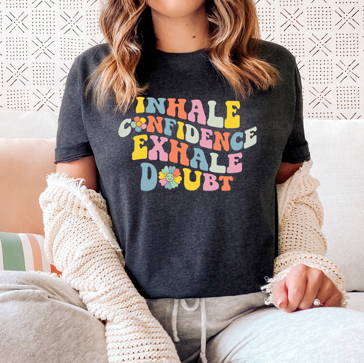 Inhale Exhale Retro School Counselor Shirt | Psychology Shirt  | Heather Navy Unisex Jersey T-shirt