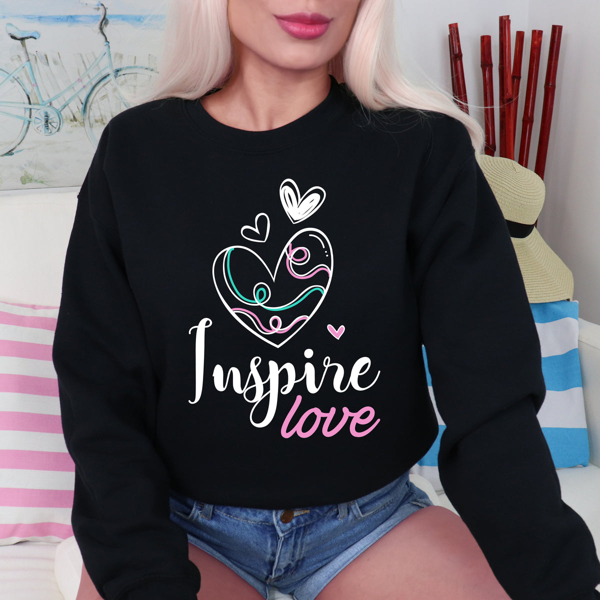 Inspire Love Motivational Aesthetic Shirt  | Black Crewneck Sweatshirt