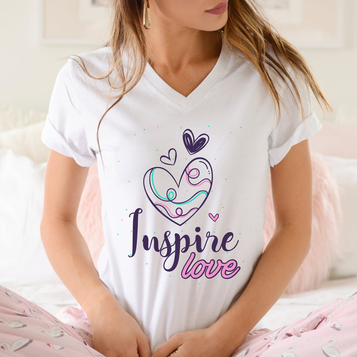 Inspire Love Motivational Aesthetic Shirt  | White V-neck T-shirt
