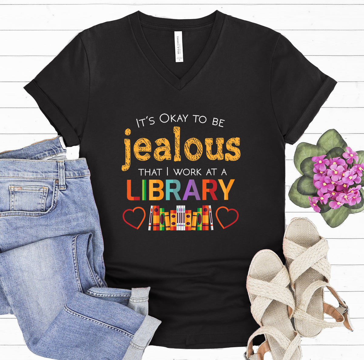 Okay To Be Jealous Library Book Lover Shirt | Black V-neck T-shirt