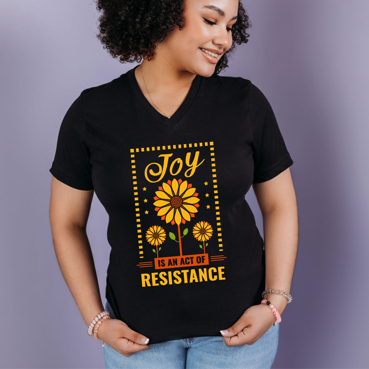 Joy Resistance Sunflower Aesthetic Shirt | Black V-neck T-shirt