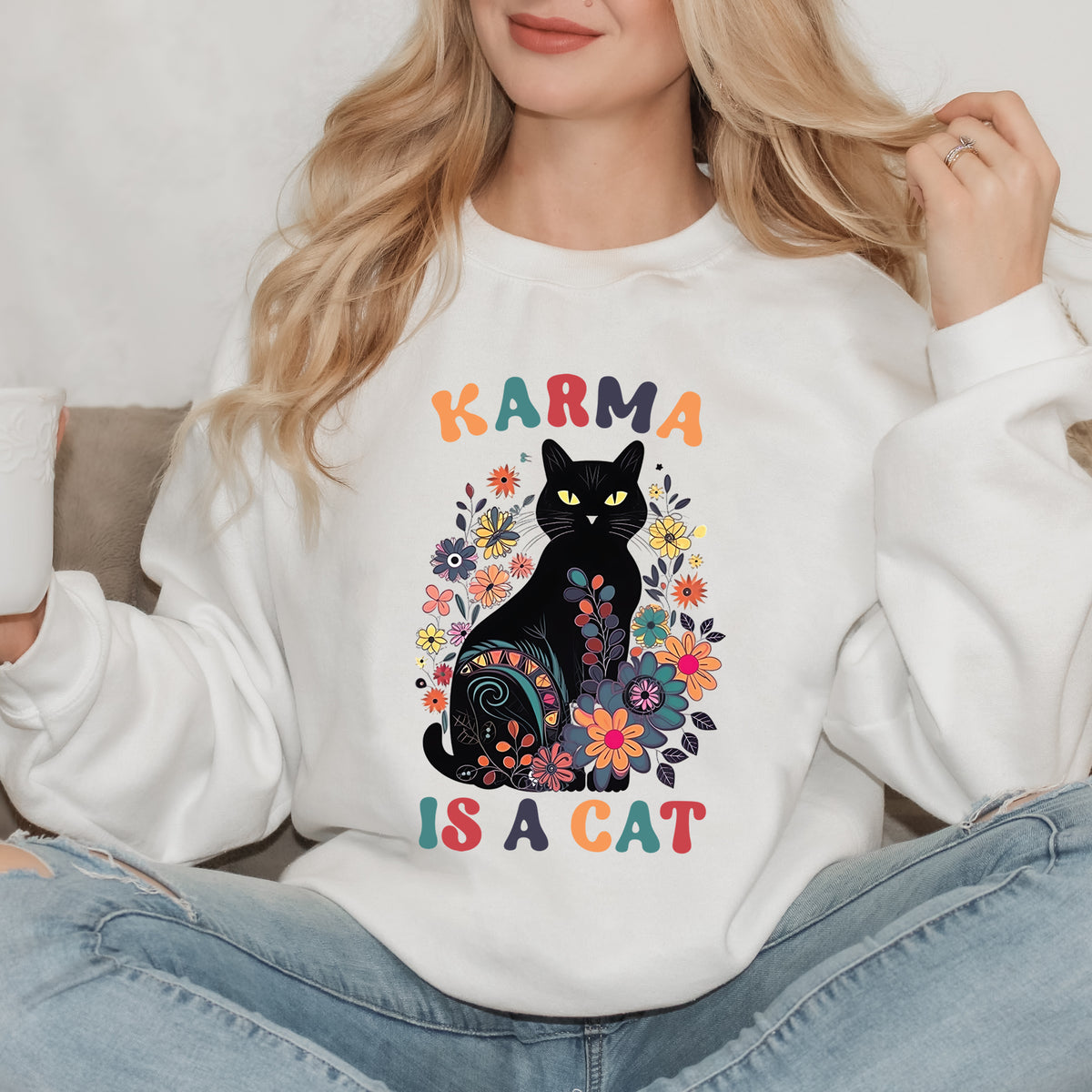 Karma Is a Cat Shirt | Funny Cat Shirt | Karma Shirt | Mystical Shirt | Black Cat Lover Gift | Unisex Crewneck Sweatshirt