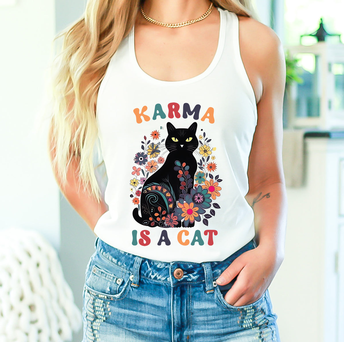 Karma Is a Cat Shirt | Funny Cat Shirt | Karma Shirt | Mystical Shirt | Black Cat Lover Gift | Women's Slim-fit Racerback Tank Top