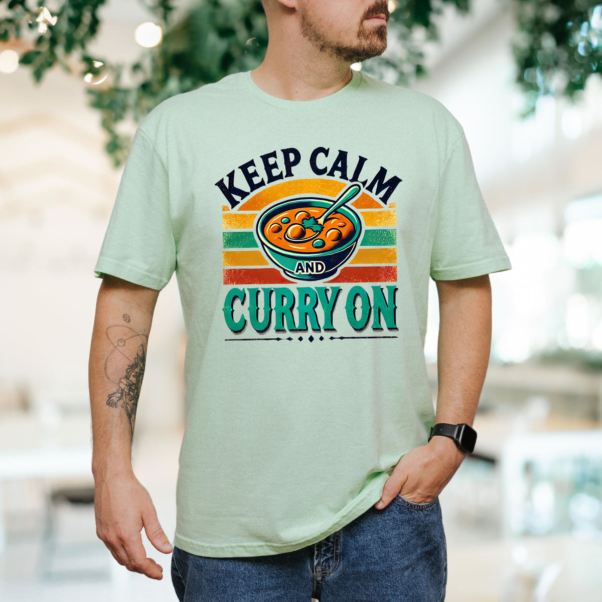 Keep Calm Curry On Indian Funny Foodie Shirt | Mint Green Unisex Soft Style T-shirt