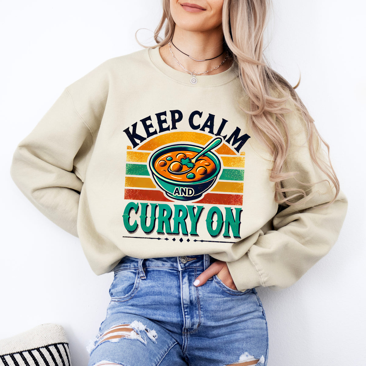 Keep Calm Curry On Indian Funny Foodie Shirt  | Sand Crewneck Sweatshirt