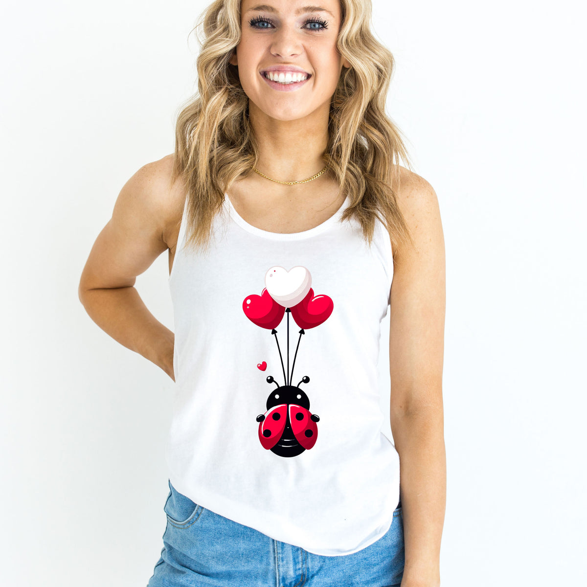 Cute Ladybug Heart Balloons Valentine Shirt | White Racerback Tank top