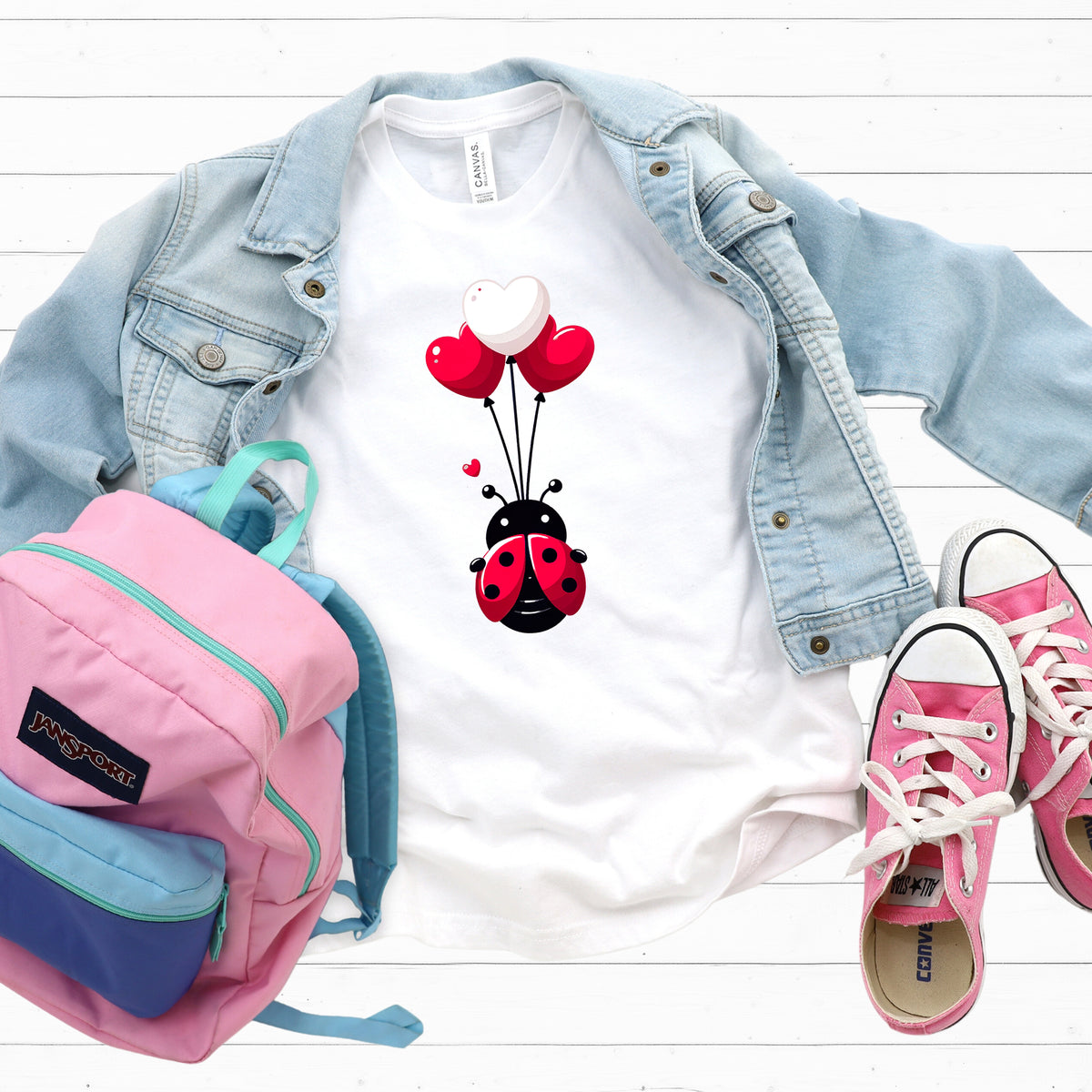 Cute Ladybug Heart Balloons Valentine Shirt  | White Youth T-shirt