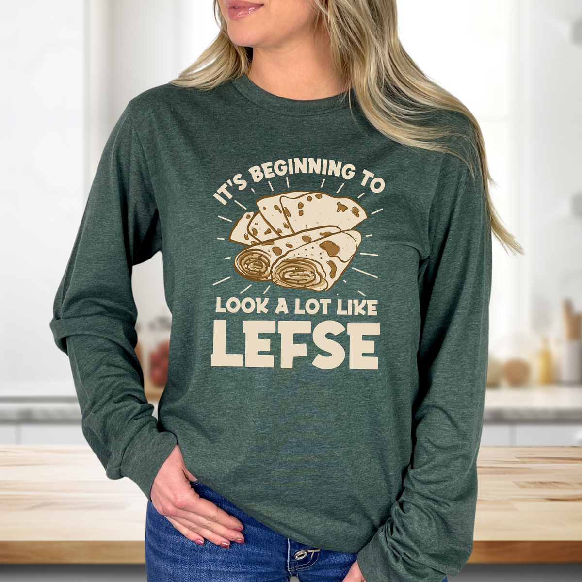 Norwegian Lefse Funny Holiday Baking Shirt | Heather Green Long Sleeved Tee