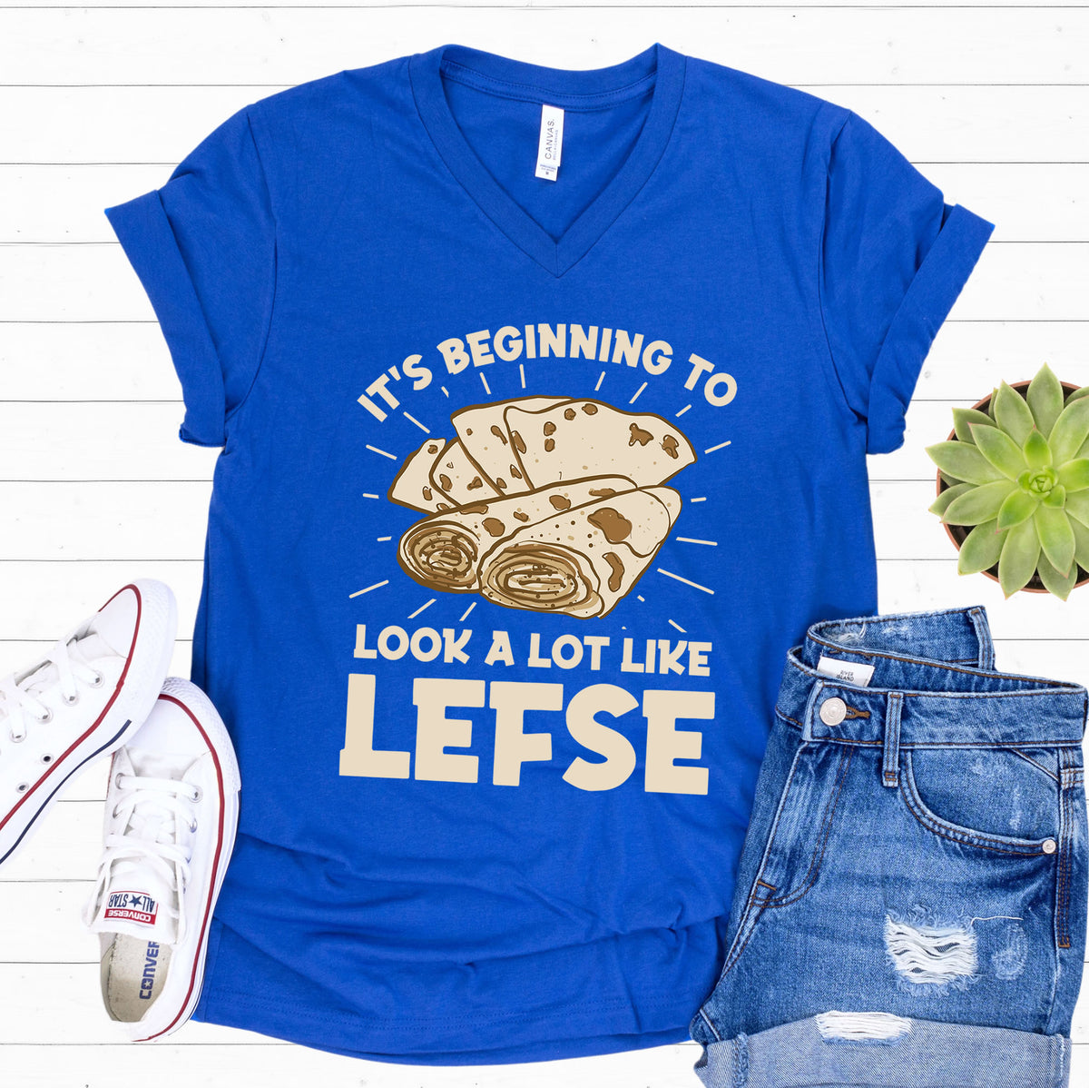 Norwegian Lefse Funny Holiday Baking Shirt | Royal Blue V-neck T-shirt