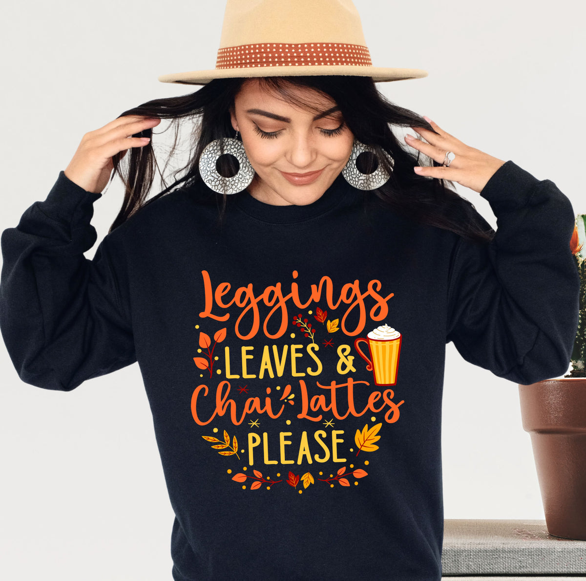 Leggings Leaves Chai Lattes Fall Lover Shirt | Chai Tea Shirt | Fall Leaves Tshirt | Unisex Crewneck Sweatshirt