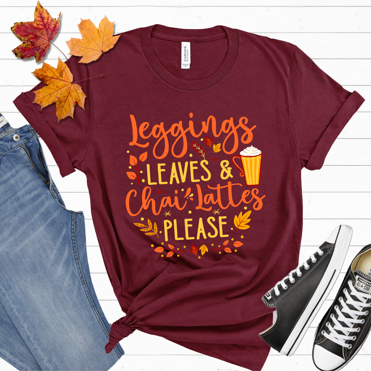 Leggings Leaves Chai Lattes Fall Lover Shirt | Chai Tea Shirt | Fall Leaves Tshirt | Bella Canvas Unisex Jersey T-shirt
