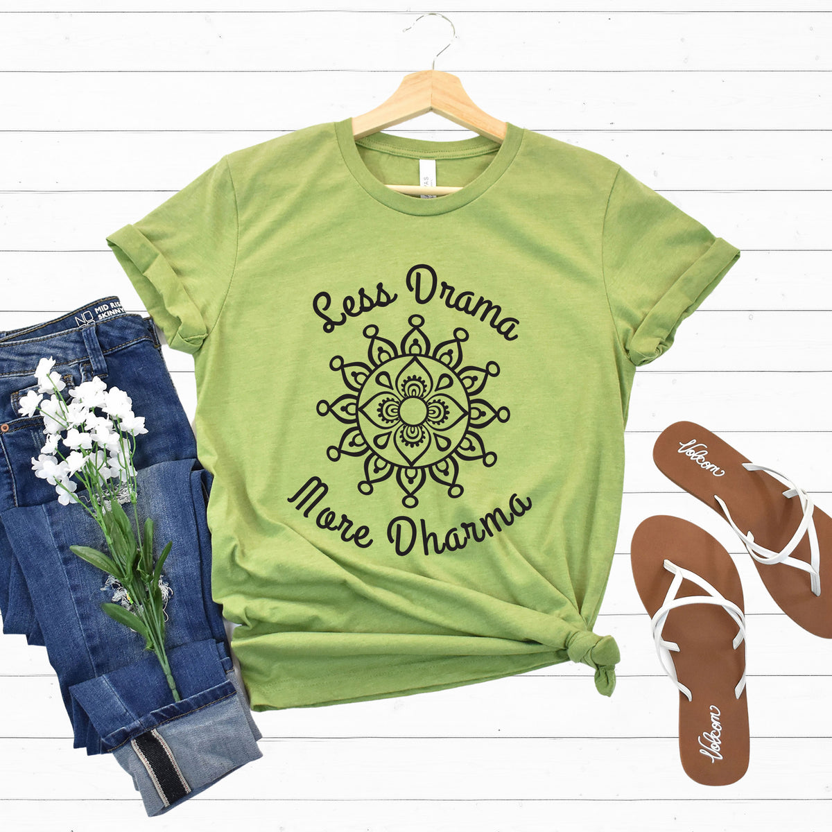 Less Drama More Dharma Funny Yoga Shirt | Heather Green Unisex Jersey T-shirt