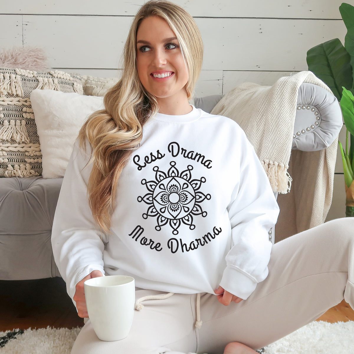 Less Drama More Dharma Funny Yoga Shirt | White Unisex Crewneck Sweatshirt