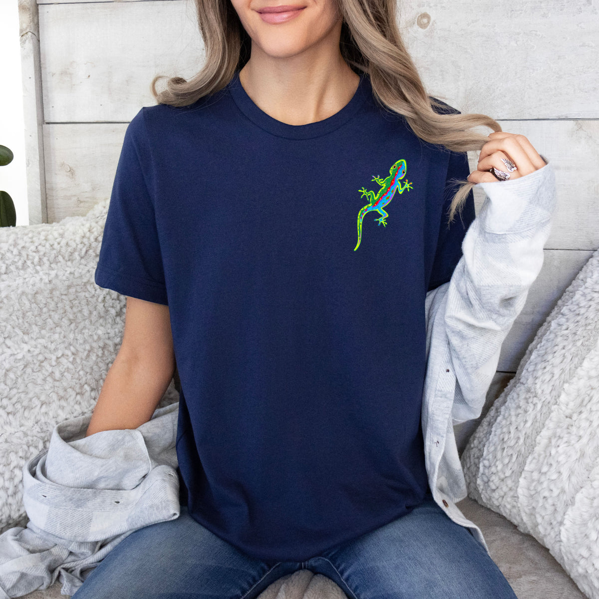 Gecko Lizard Neon Line Art Pocket Tee  | Navy Blue Unisex Jersey T-shirt