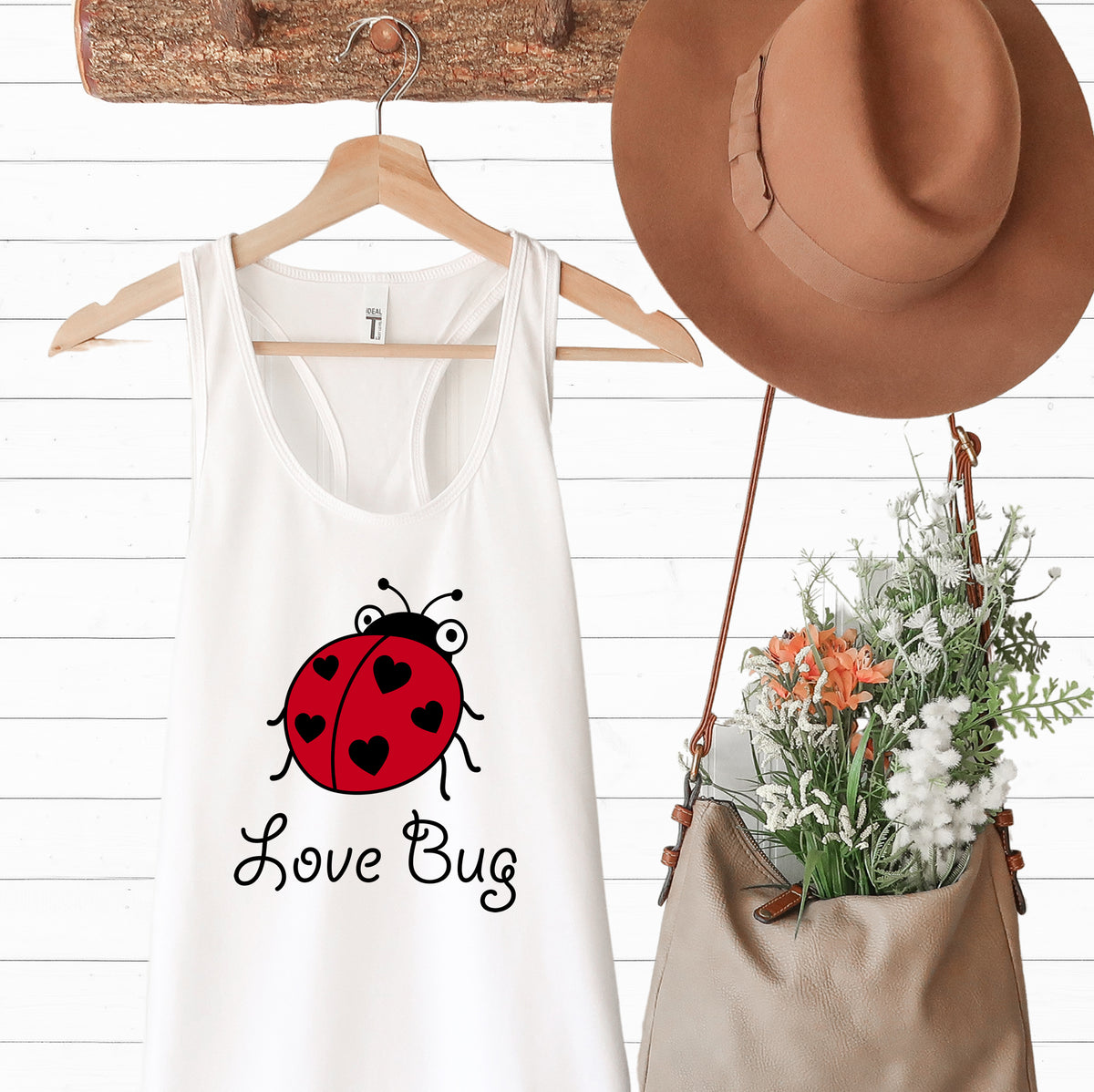 Love Bug Lady Bug Valentine's Day Shirt | White Racerback Tank Top