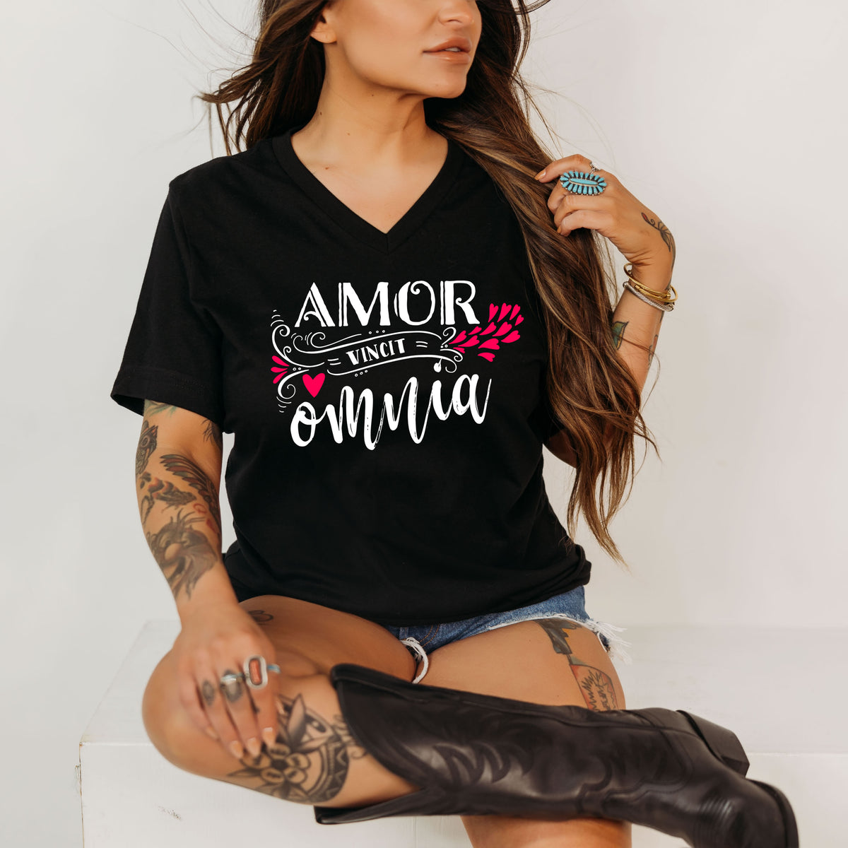 Love Conquers All Valentine Heart Shirt | Black Vneck Tshirt
