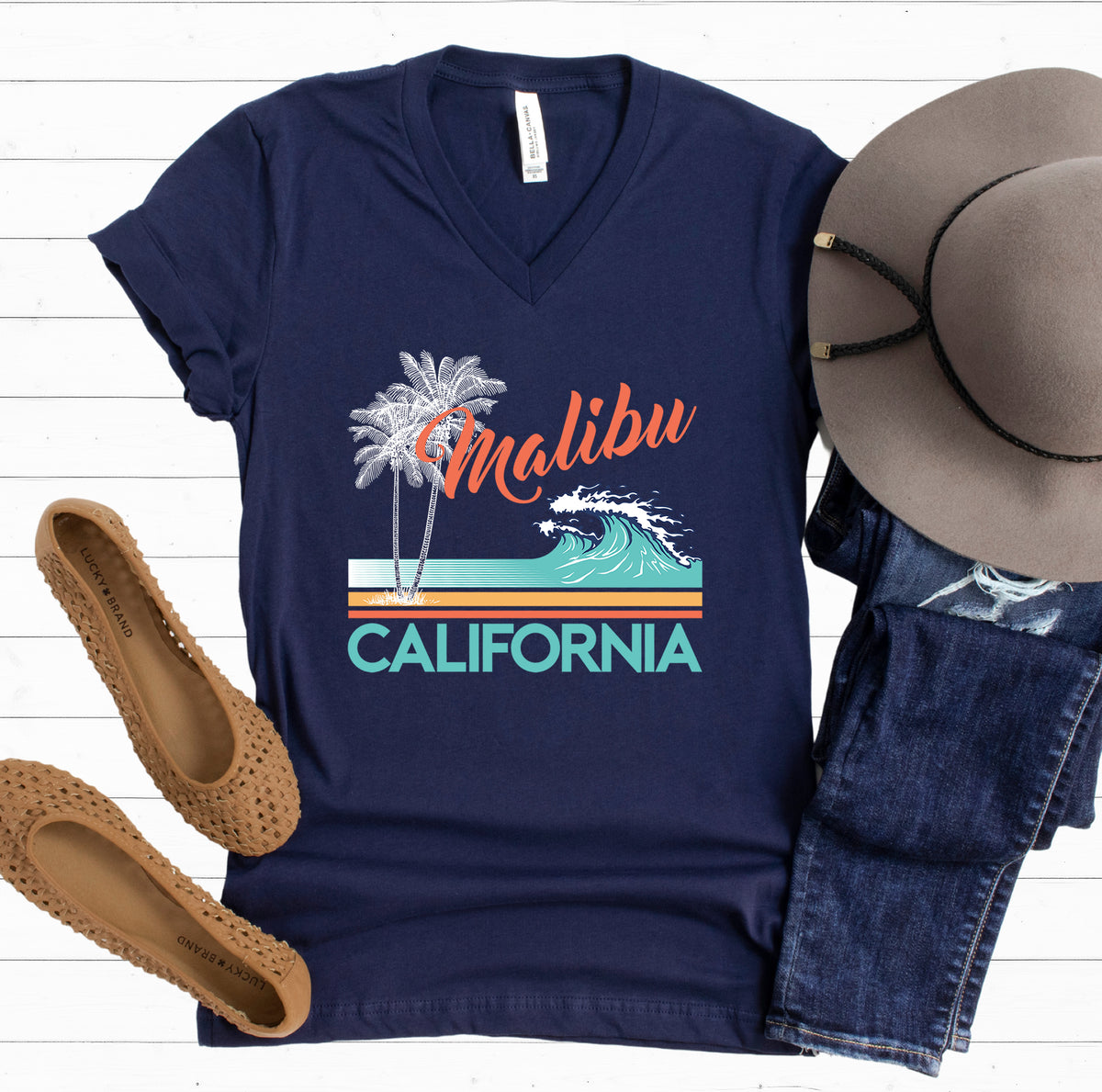 Malibu Beach Bum Vintage California Shirt | Navy Unisex V-neck T-shirt