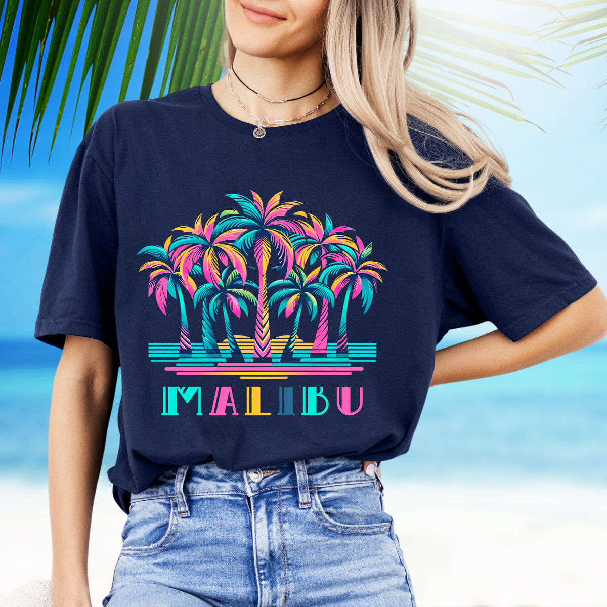 80's Retro Palm Tree Malibu Beach Shirt  | Navy Blue T-shirt