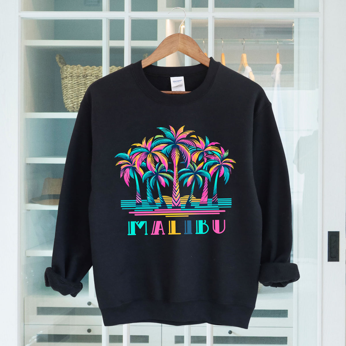 80's Retro Palm Tree Malibu Beach Shirt | Black Crewneck Sweatshirt