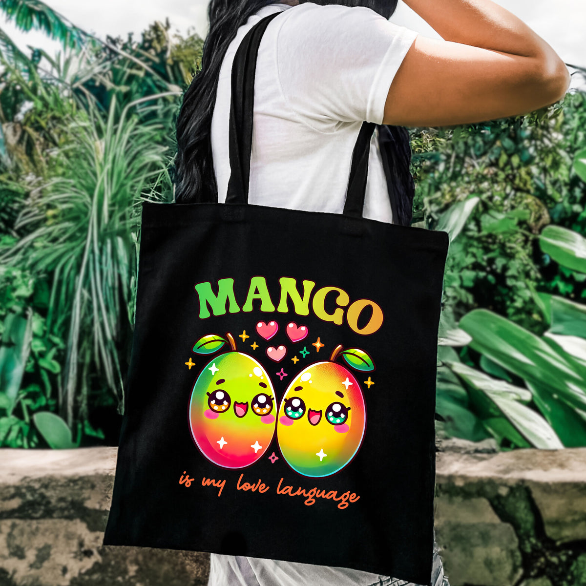 Mango Is My Love Language Kawaii Fruit Shirt  | Black Cotton Canvas Tote Bag