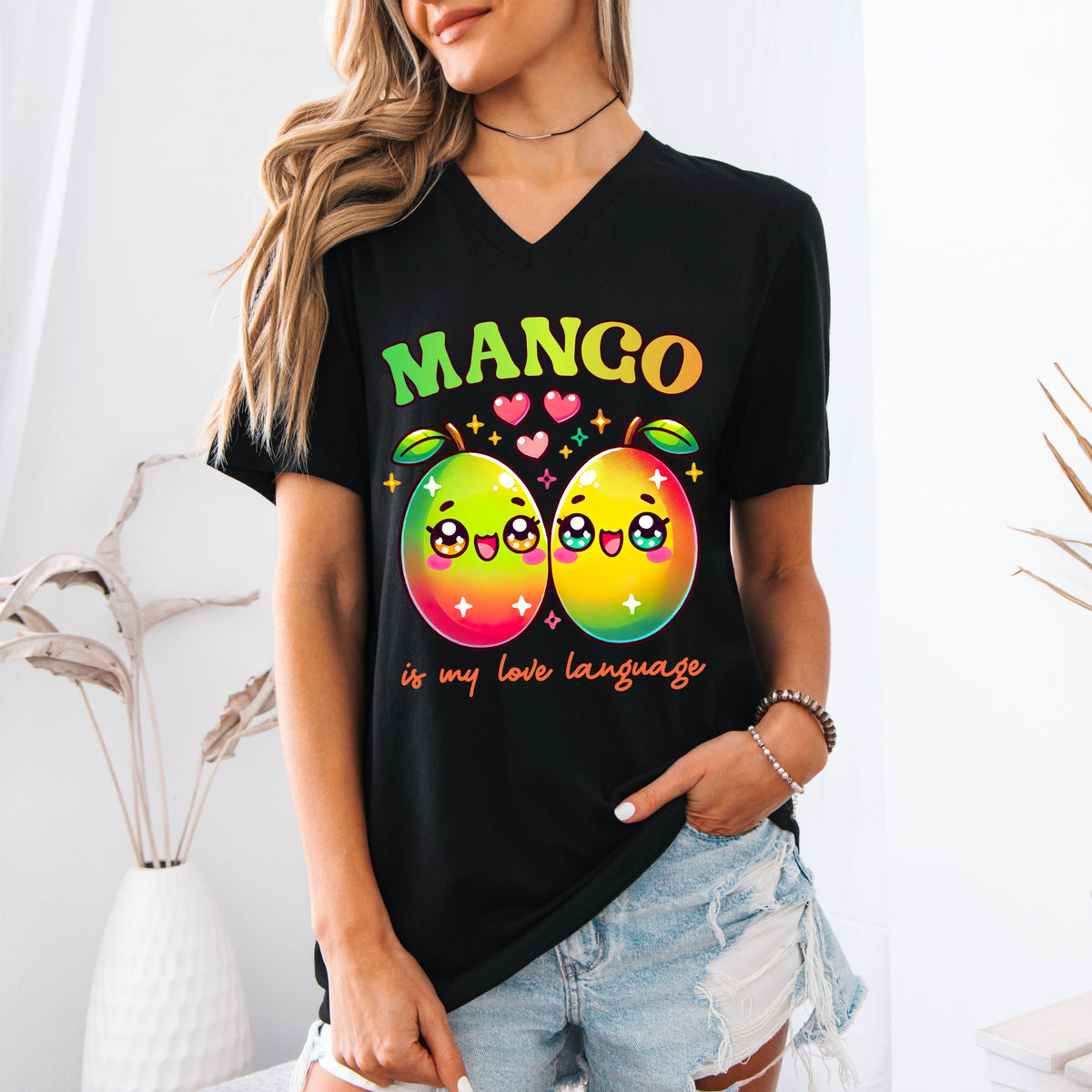 Mango Is My Love Language Kawaii Fruit Shirt | Black V-neck T-shirt