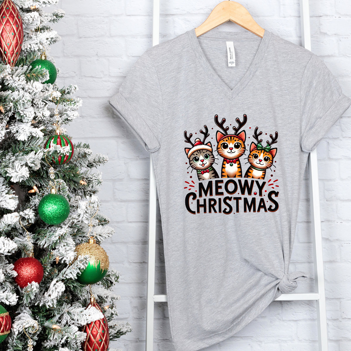 Meowy Christmas Funny Cat Shirt | Athletic Heather V-neck T-shirt