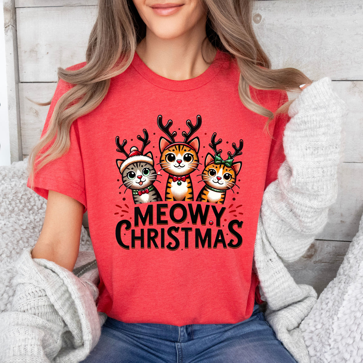 Meowy Christmas Funny Cat Shirt | Heather Red Unisex Jersey T-shirt