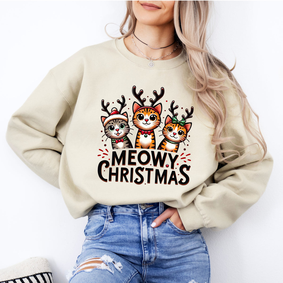 Meowy Christmas Funny Cat Shirt | Sand Crewneck Sweatshirt