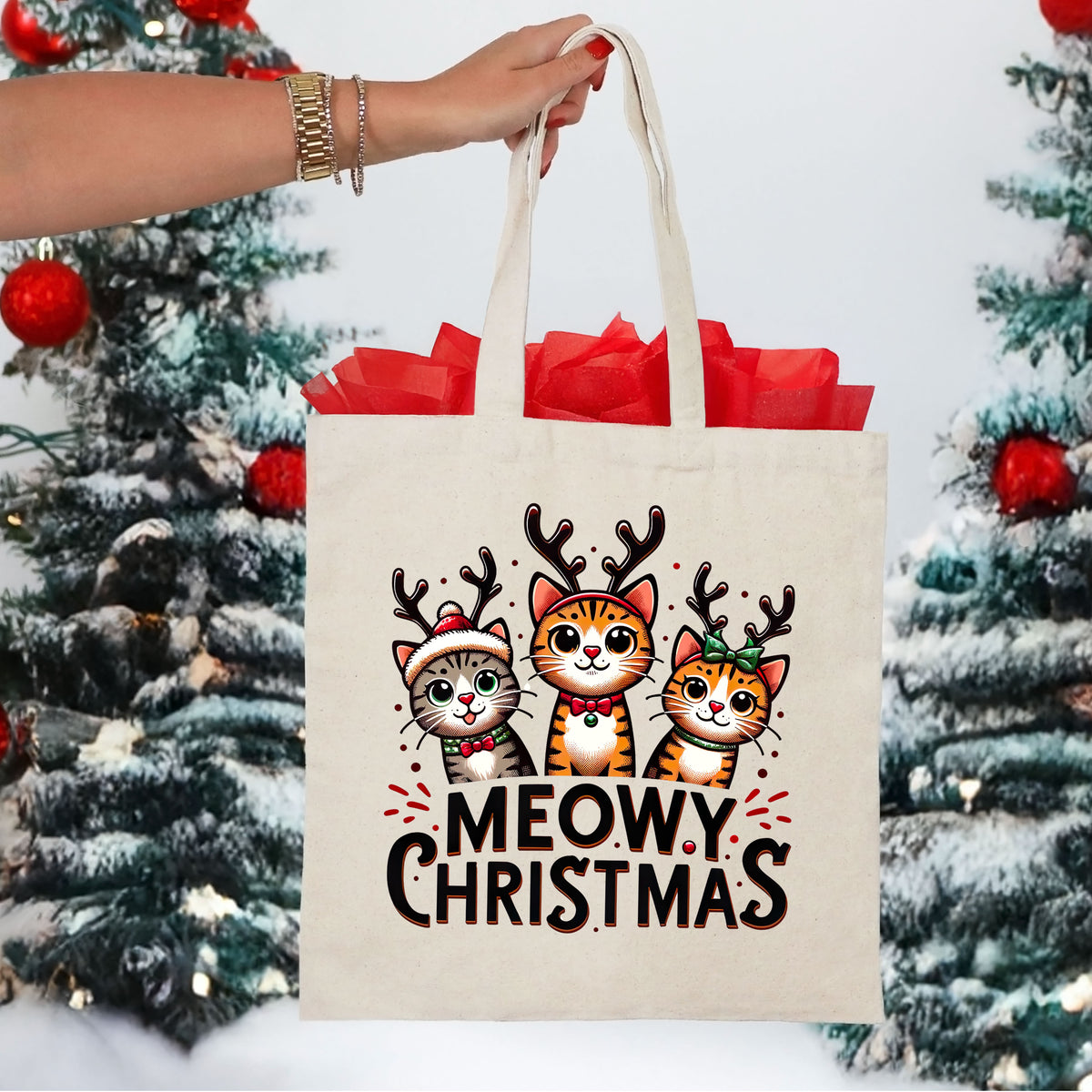 Meowy Christmas Funny Cat Tote Bag | Natural Tote Bag