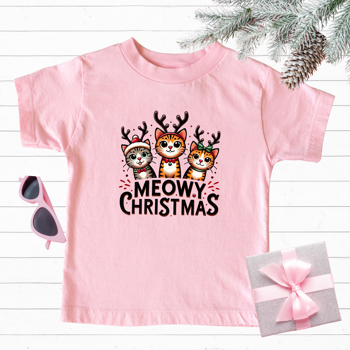 Meowy Christmas Funny Cat Shirt  | Light Pink Youth T-shirt