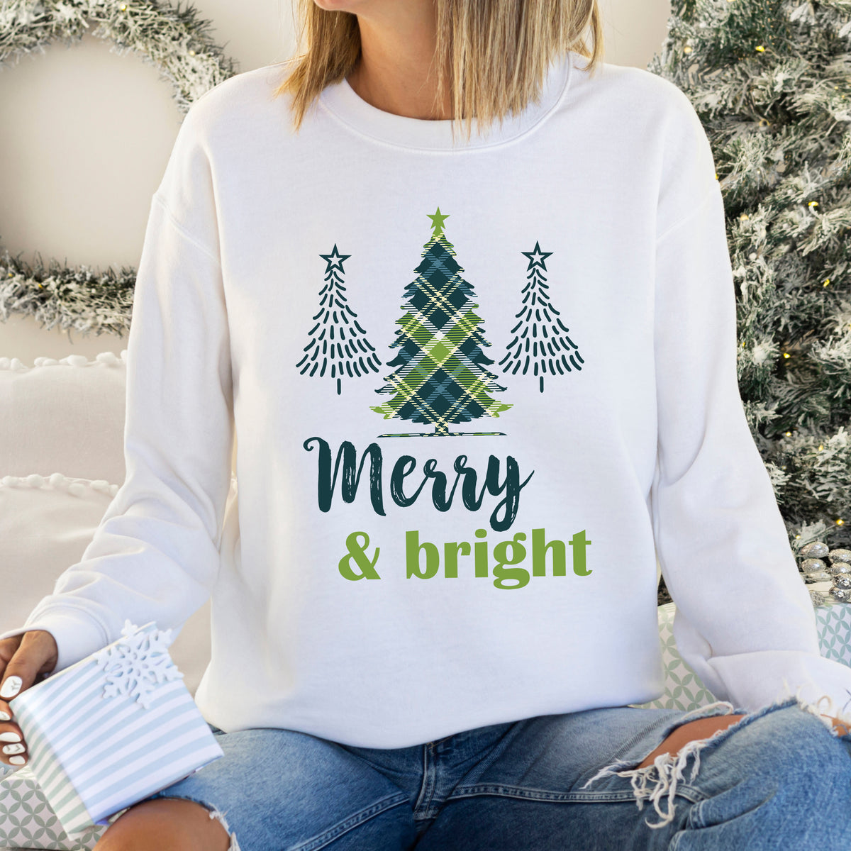 Merry & Bright Christmas Tree Plaid Shirt  White Sweatshirt