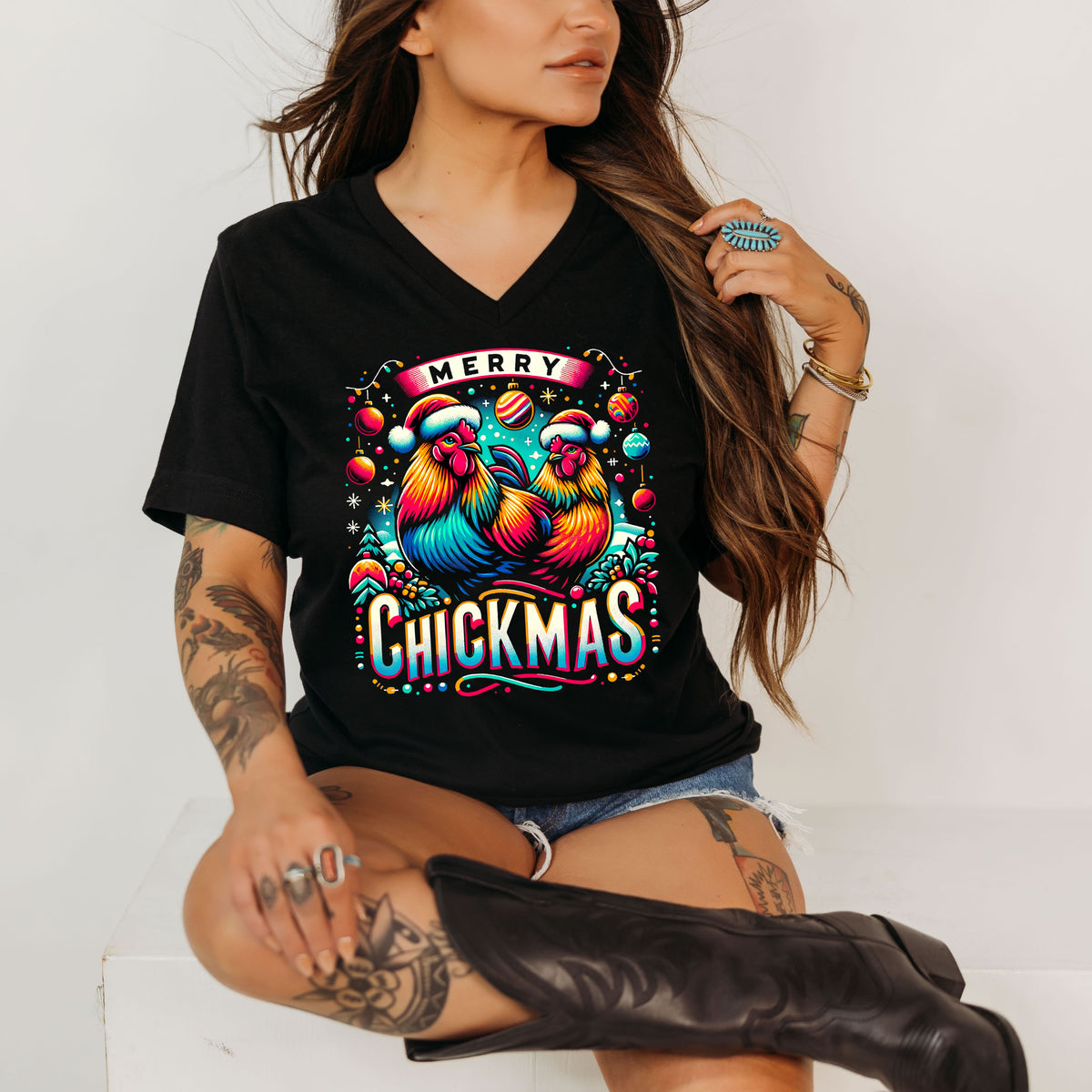 Merry Chickmas Christmas Chicken Shirt | Black V-neck T-shirt