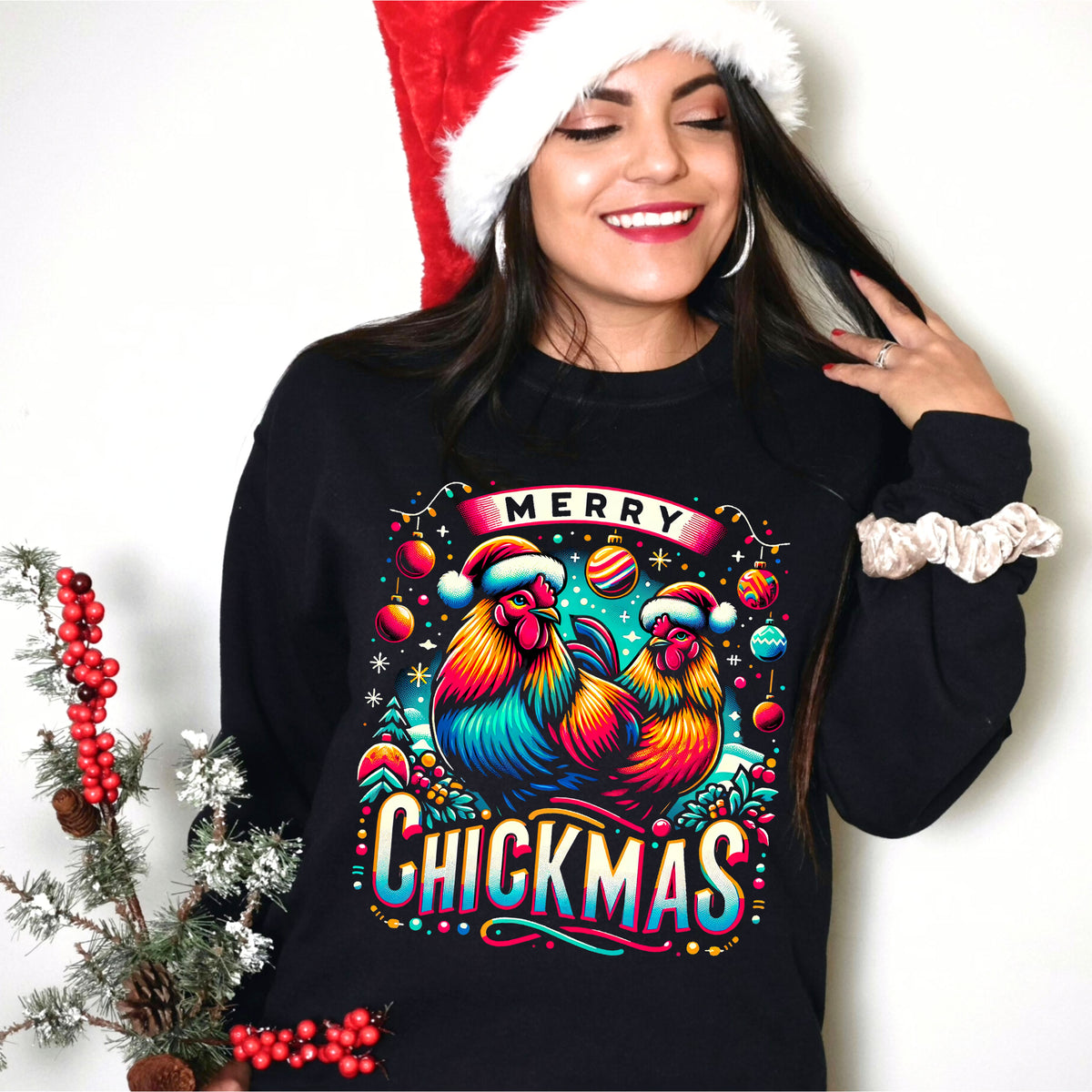 Merry Chickmas Christmas Chicken Shirt | Black Unisex Crewneck Sweatshirt