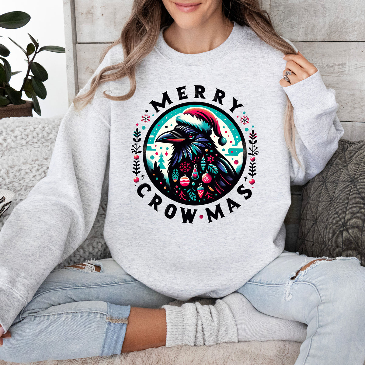 Merry Crowmas Christmas Crow Shirt | Ash Sweatshirt